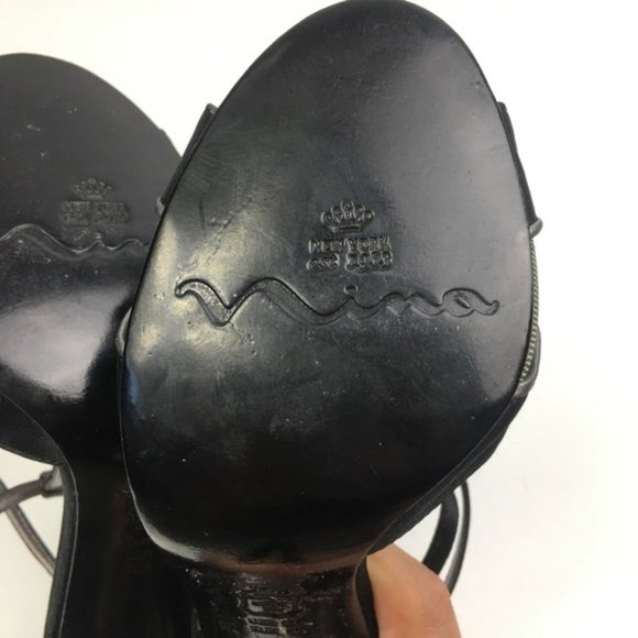 Nina Black/Silver Satin Jewel Heel Peep-Toe Pumps - Picture 3 of 12